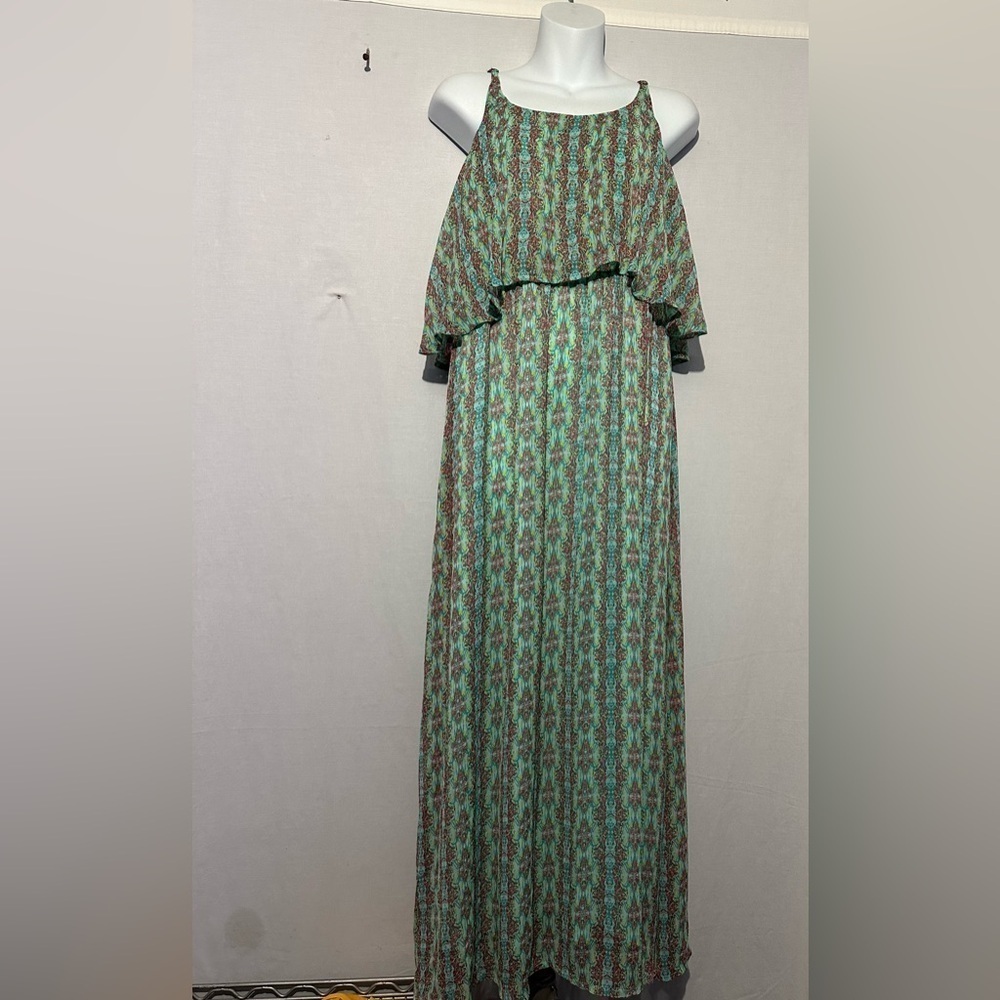 Faded Glory Green Boho Print Maxi Dress Women's Size L Sleeveless Ruffle Overlay